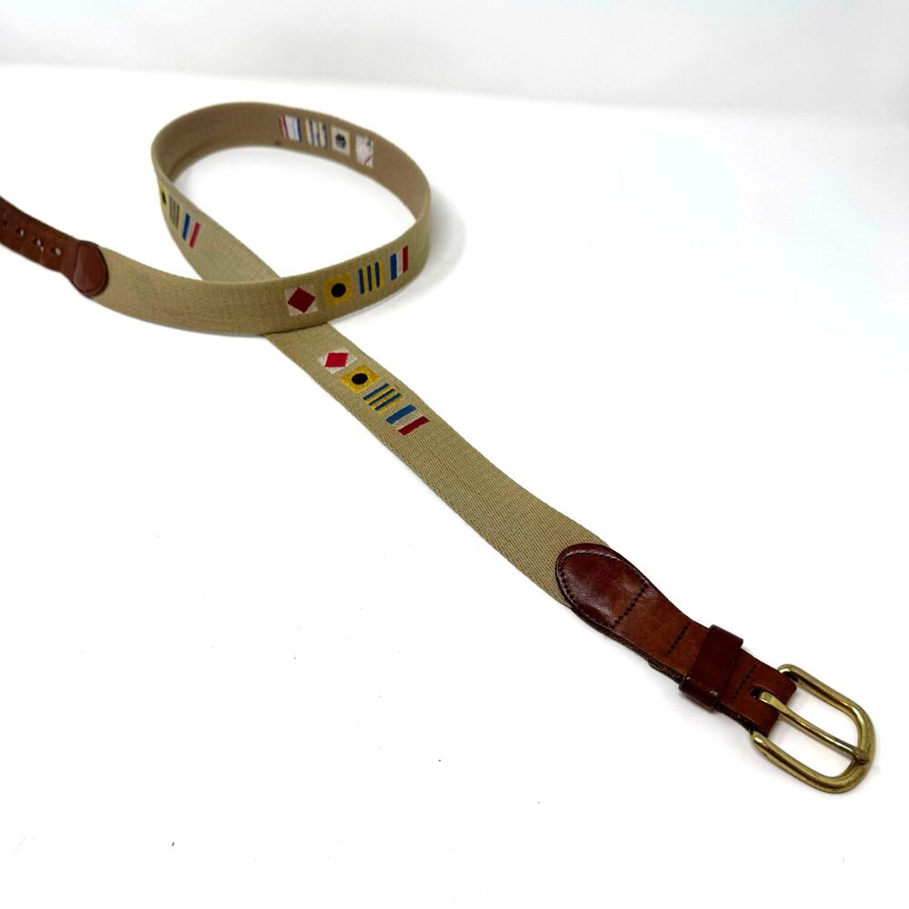 Leather Man Ltd Hand Made Leather Embroidered Belt 42 Brass Buckle Flag Nautical